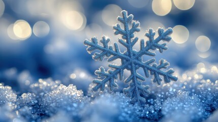 Close-up of a snowflake resting on a sparkling snowy surface, creating a magical winter wonderland scene. Merry Christmas and Happy Holidays greeting card, banner, background, wallpaper