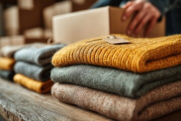 Stacked Knitted Sweaters with a Tag on Wood Surface Ready for Shipping