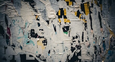 Peeling posters on a weathered urban surface.