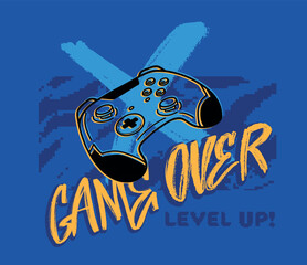 Cartoon gaming print with gamepad, glitch background, hand written brush text Game Over, Level Up! Gamepad design for teen t shirts, posters, stickers. Street art style text and linear game pad © Kseniia Koval