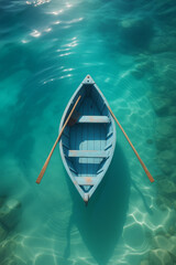 Obraz premium Serene Blue Rowboat on Crystal Clear Turquoise Water – Tranquil Nature Wall Art Print