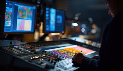 Dark studio, graphic artist works on monitors