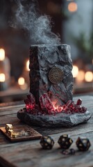 A mystical black stone altar emits smoke and glowing embers, surrounded by dice and a card on a wooden table in a dimly lit, atmospheric setting.