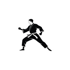 Karate fighter in a dynamic pose with a circular emblem isolated on a white background
