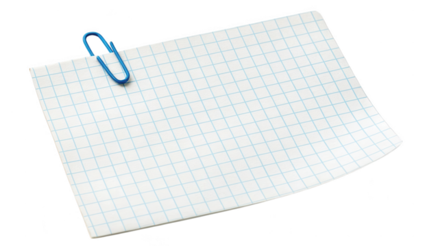 Blue paperclip holding a sheet of graph paper isolated on transparent background