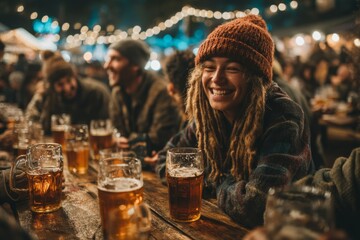 Young Smiling Woman with Dreadlocks and Beanie at Outdoor Gathering Drinking Beer