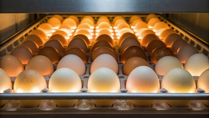 Rows of eggs illuminated in a display case, showcasing various colors and sizes in a neatly organized arrangement.