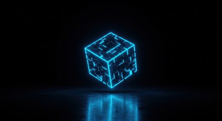 Glowing Futuristic Neon Cube in Dark Sci-Fi Space