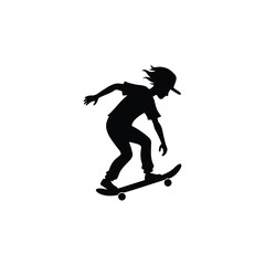 Silhouette of a person skateboarding with windblown hair isolated on a white background
