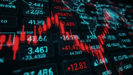 3D digital visualization of stock market crash with red declining graph, negative numbers, and financial data charts – global economy crisis and bear market concept in financial trading interface

 - Powered by Adobe