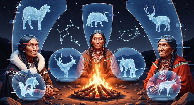 AI and Indigenous Wisdom, Holographic Ancestors, Futuristic Storytelling Art