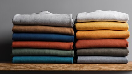 Neatly Stacked Sweaters on Wooden Shelf