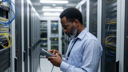 It technician is using a handheld device inside a data center, managing and monitoring server racks, ensuring efficient network operations and data storage - Powered by Adobe
