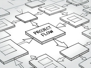 Hand drawn project flow chart diagram with interconnected boxes and arrows