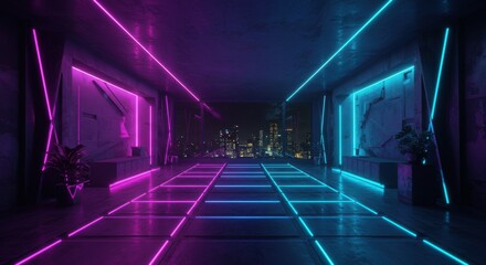 Modern Futuristic Lobby Interior with Neon Lights