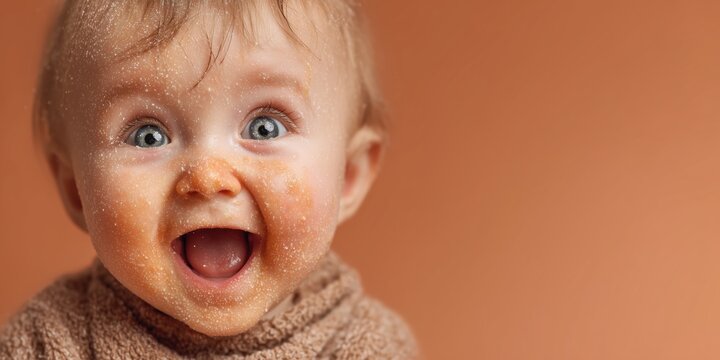 Laughing baby with blue eyes, chubby cheeks, and fruit puree on face, cozy brown sweater, orange background, joyful and messy moment

