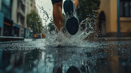Water splashing from feet on a rainy street.