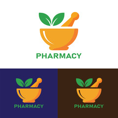 Herbal Pharmacy Logo with Mortar and Pestle and Green Leaf Accents.