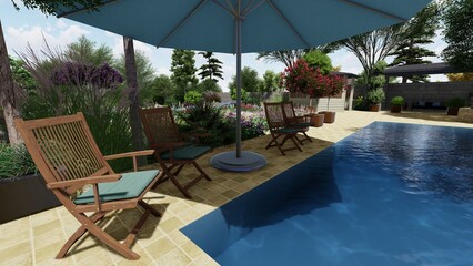 3d image of the landscape design of the home territory. Landscaping of the territory. Computer visualization of composite landscaping and landscaping solutions.