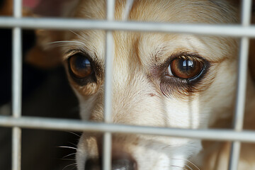 Distressed puppy behind bars with sad, pleading eyes. The poor dog looks hopefully into the lens. Animal adoption and welfare concern.