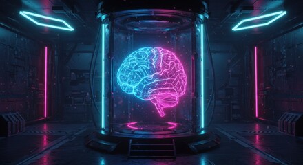 Glowing AI Brain in Futuristic Neon Chamber