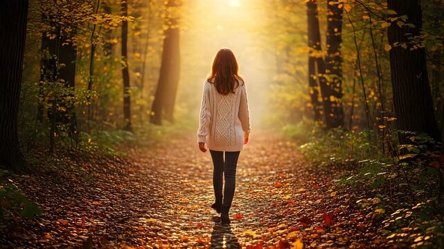 Woman Walking on Autumn Path in Forest Sunlight