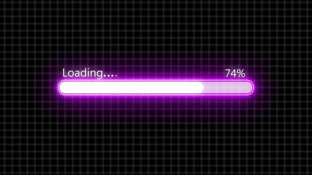 Animated neon glowing Uploading bar 0 to 100 percent animation.  beautiful loading bar animation on grid background.