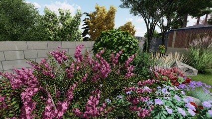 3d image of the landscape design of the home territory. Landscaping of the territory. Computer visualization of composite landscaping and landscaping solutions.