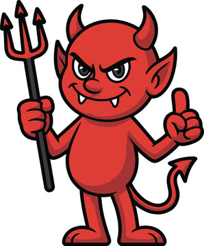 Cartoon devil mascot with pitchfork giving thumbs up gesture.