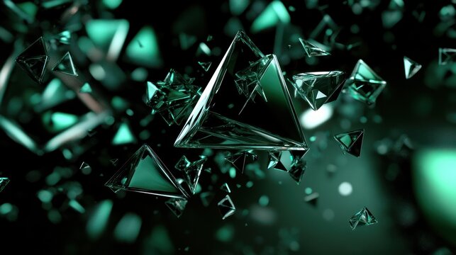 Abstract, shiny teal tetrahedrons float in a blurry dark space with bokeh lights