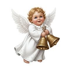 Fototapeta premium A Joyful Little Cherub Angel Holding Golden Bells with White Wings and a White Robe png isolated on transparent background
