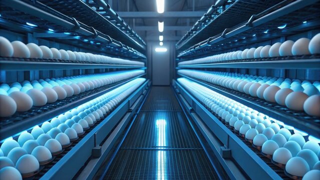 Industrial setting featuring rows of white eggs on shelves under bright lights, showcasing a modern egg production facility.