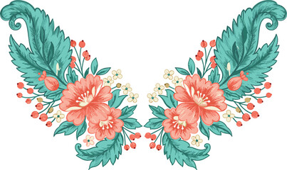 Tropical floral embroidery, leaf corner design, vintage stitched flowers, embroidered flower vector, decorative botanical clipart, tropical motif illustration