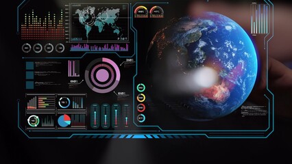 High-tech global network connection interface showing worldwide digital communication, data...