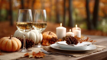 Festive autumn dinner table adorned with pumpkins, white wine glasses, and candles on burlap, creating a warm and inviting atmosphere