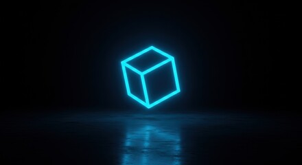 Glowing Futuristic Neon Cube in Dark Sci-Fi Space