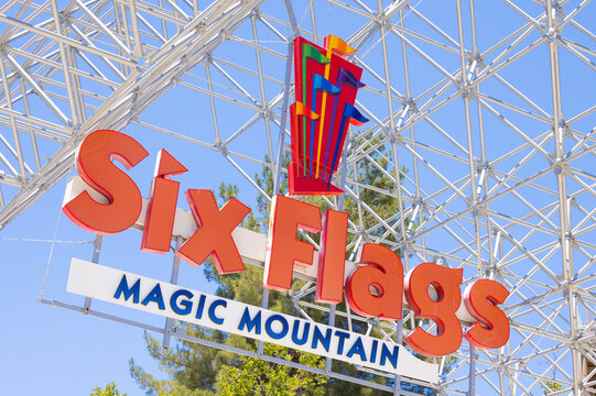 Valencia, California,  The entrance to Six Flags Magic Mountain Theme Park in California, north of Los Angeles, tourist attraction with roller coasters and family fun rides