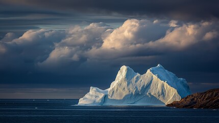 Dramatic iceberg floats under stormy clouds in Arctic ocean. AI generated.