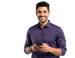 Young handsome man in dark purple shirt using smartphone isolated on transparent background.