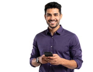 Young handsome man in dark purple shirt using smartphone isolated on transparent background.