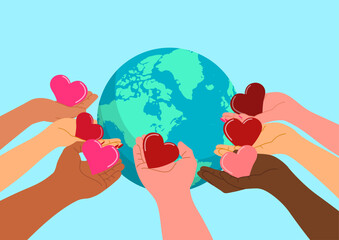 Diverse Hands Giving Love to the World. International Day of Charity, unity, kindness, and global support illustration.