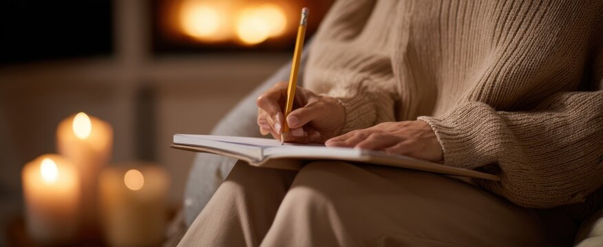 The comfortable scene of writing in a cozy atmosphere by candlelight.