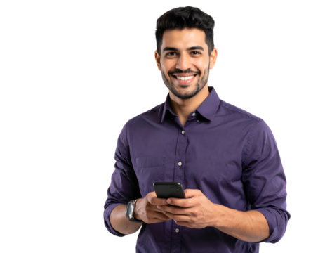 Young handsome man in dark purple shirt using smartphone isolated on transparent background.