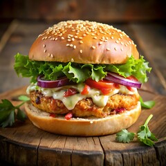 Delicious Gourmet Burger Close-Up of a Mouthwatering Chicken Burger with Fresh Ingredients