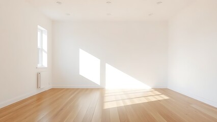 Obraz premium Minimalist living space with wooden floors and white walls, embodying serene modern design.