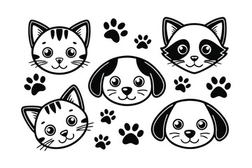 Fototapeta premium Adorable Cartoon Animal Faces Featuring Cats, Dogs and a Raccoon with Paw Prints in a Playful Composition on White