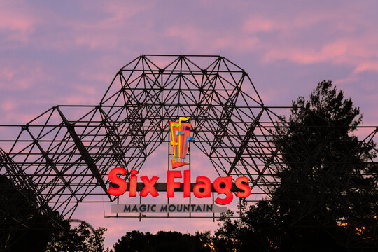 Valencia, California,  The entrance to Six Flags Magic Mountain Theme Park in California, north of Los Angeles, tourist attraction with roller coasters and family fun rides