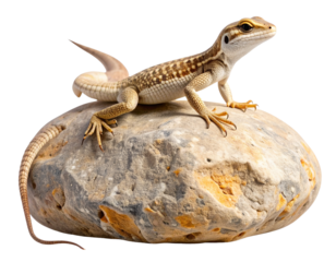 Alert Lizard Standing on Small Boulder with Tail Curved, Side Profile, Isolated