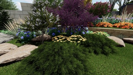 Fototapeta premium 3d image of the landscape design of the home territory. Landscaping of the territory. Computer visualization of composite landscaping and landscaping solutions.
