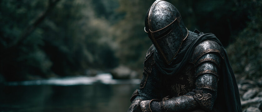 Medieval Knight in Armor Standing in Battle Pose
